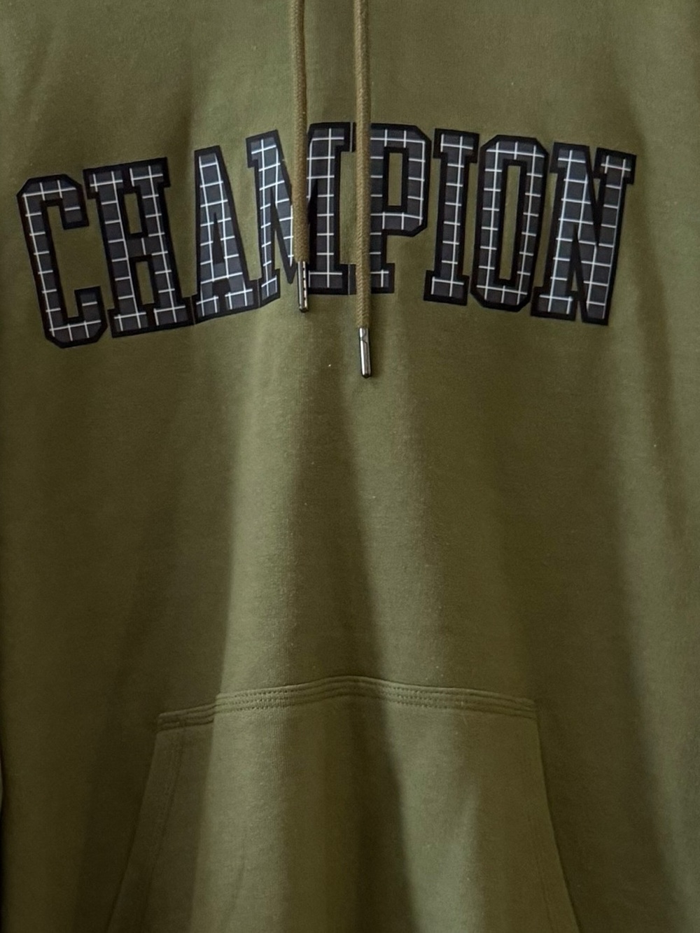 Champion Fleece Hoodie Olive Green Color with a Plaid Logo Graphic, Size Medium